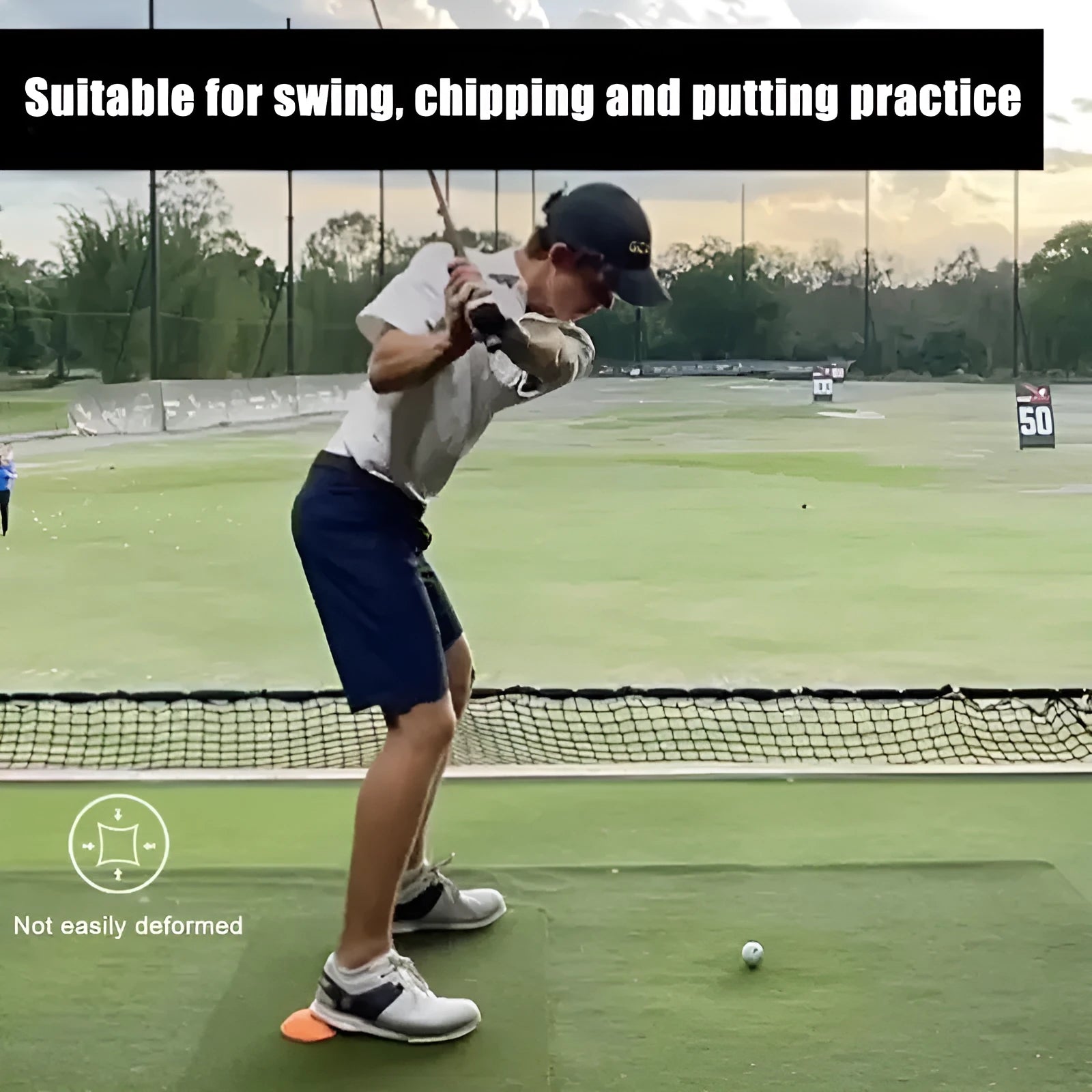 Orange natural rubber golf training mat for swing practice and centre of gravity control