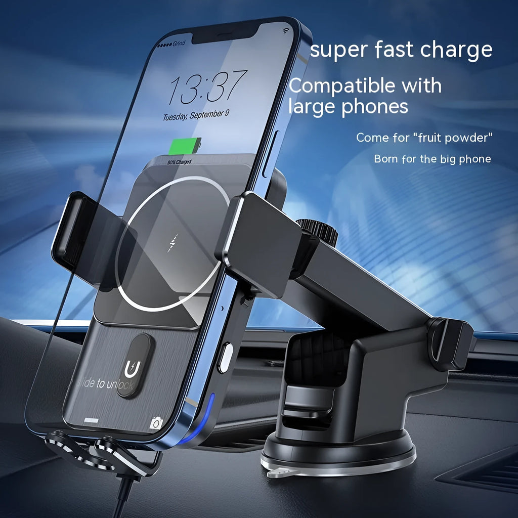 Black car wireless charger mobile phone holder with 15W fast charging featuring suction cup and clip bracket options