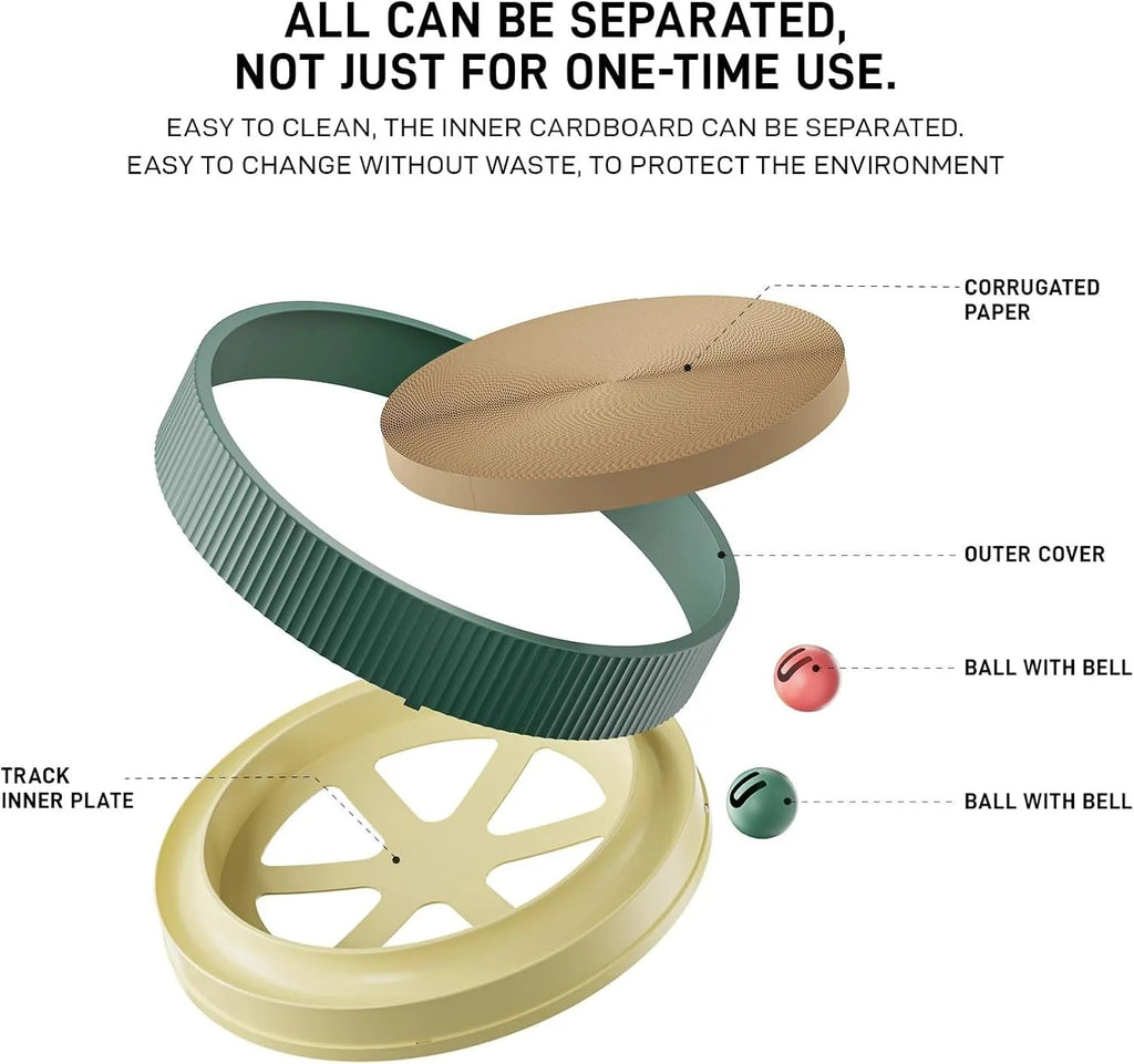 Large circular cat scratching board with integrated ball toys measuring 45cm diameter