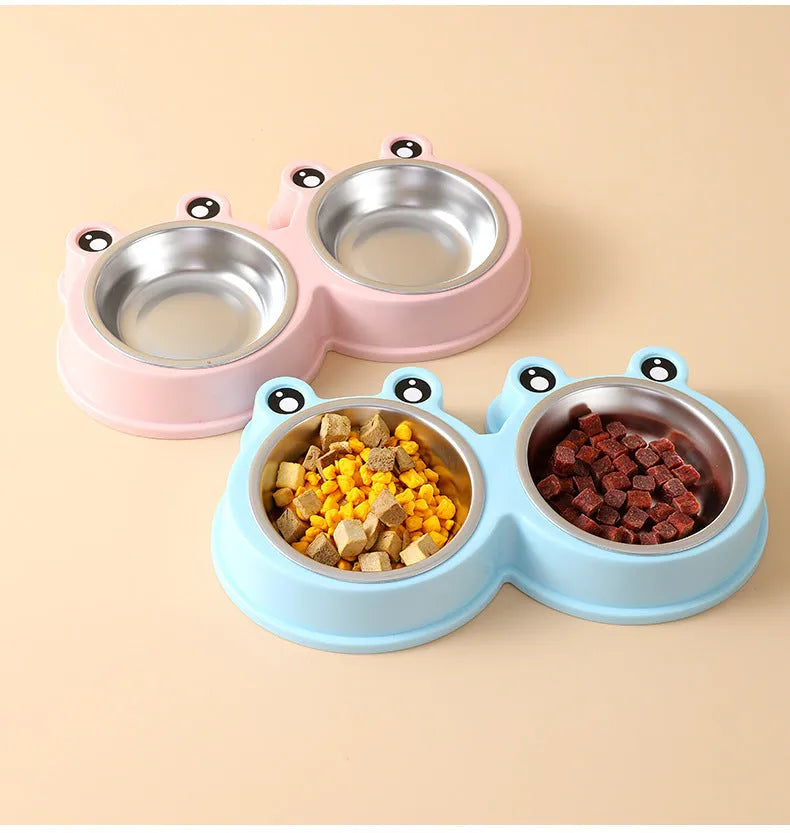 Stainless steel pet double bowl in frog shape for feeding and drinking water
