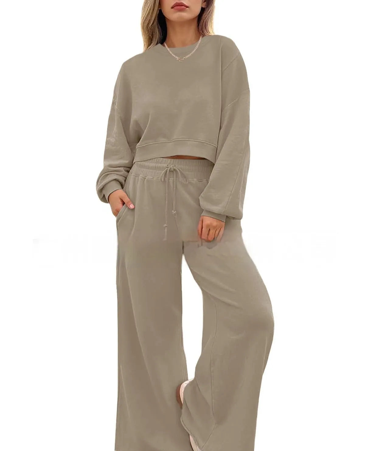Women's solid colour polyester two-piece set with long sleeve top and trousers in street hipster style