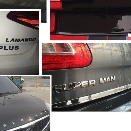 3D metal car letter stickers showing raised zinc alloy characters in black and silver finishes