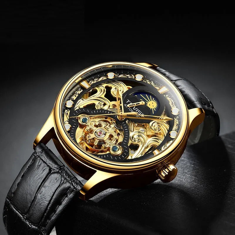 Men's gold and white leather strap automatic mechanical watch with 16mm thickness waterproof case
