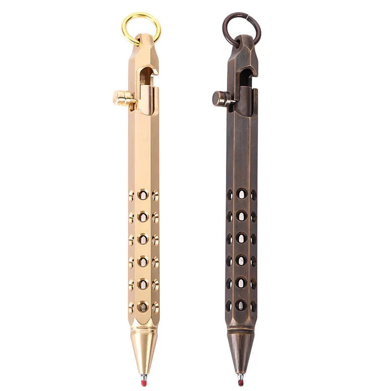 Brass hexagonal bolt action pen showing six-sided barrel and bolt mechanism in natural brass finish