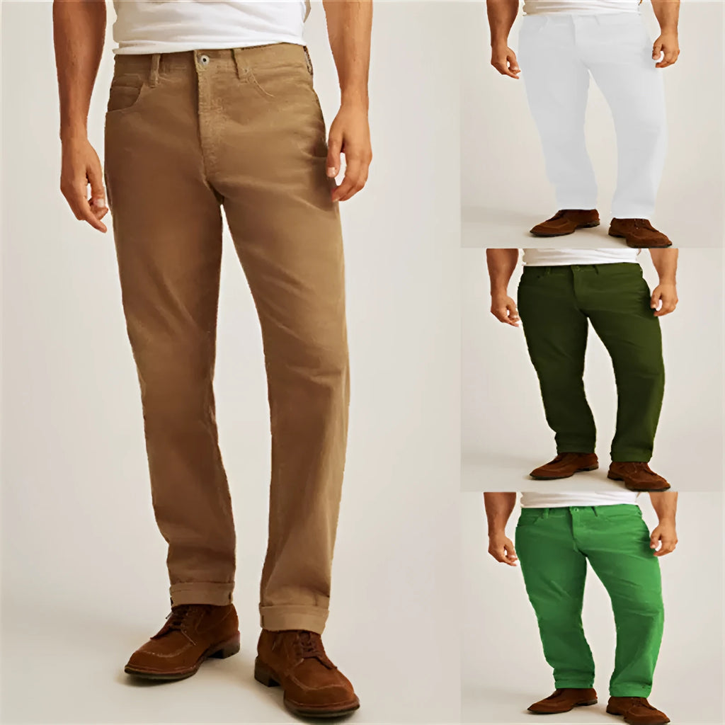 Corduroy casual straight trousers in solid colours with mid waist and zip fly design