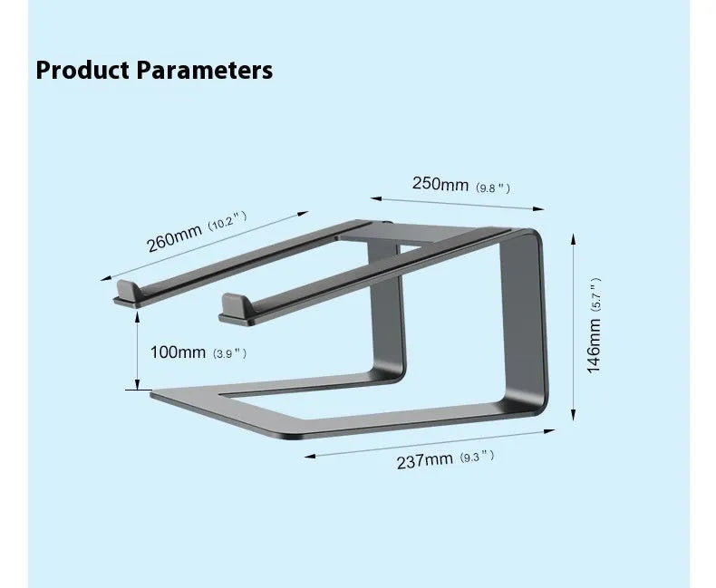 Black aluminium alloy laptop stand with open-frame design measuring 29.9cm wide on wooden desk