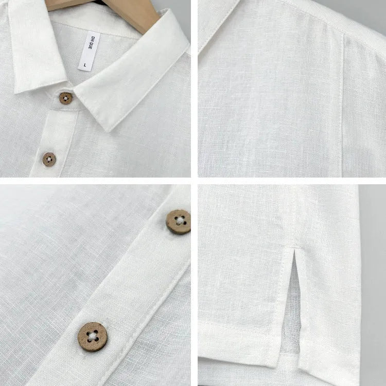 Men's thin lapel linen summer top in a loose fit, shown in one of four available colours.