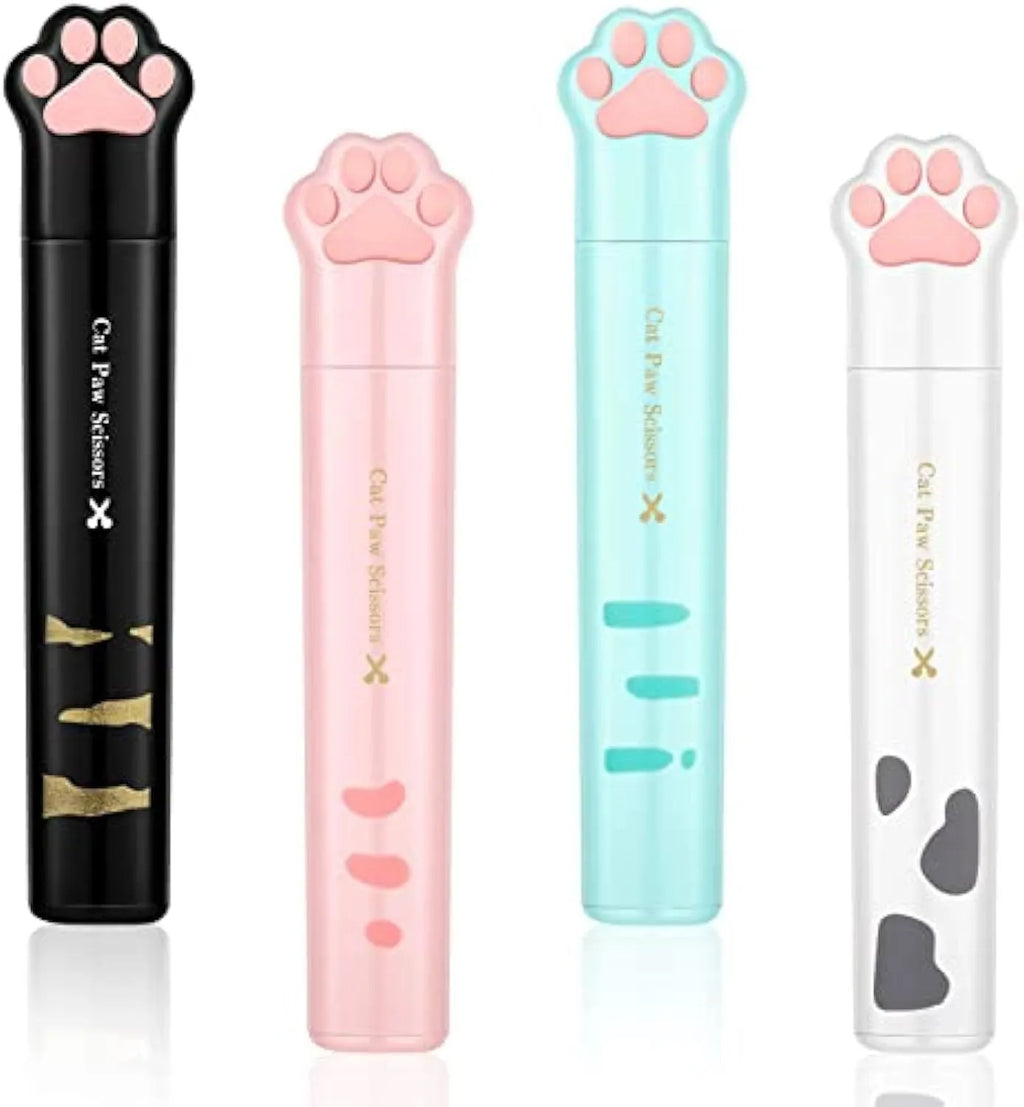 Set of four small folding scissors with cat paw handles in black, blue, pink, and white colours.