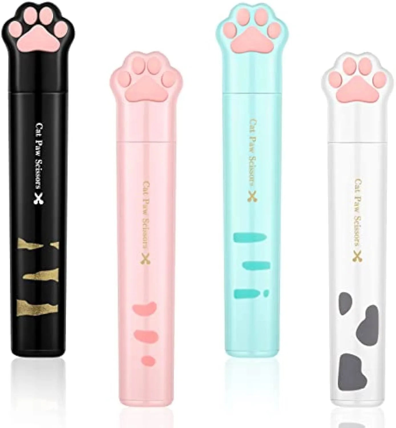 Set of four small folding scissors with cat paw handles in black, blue, pink, and white colours.