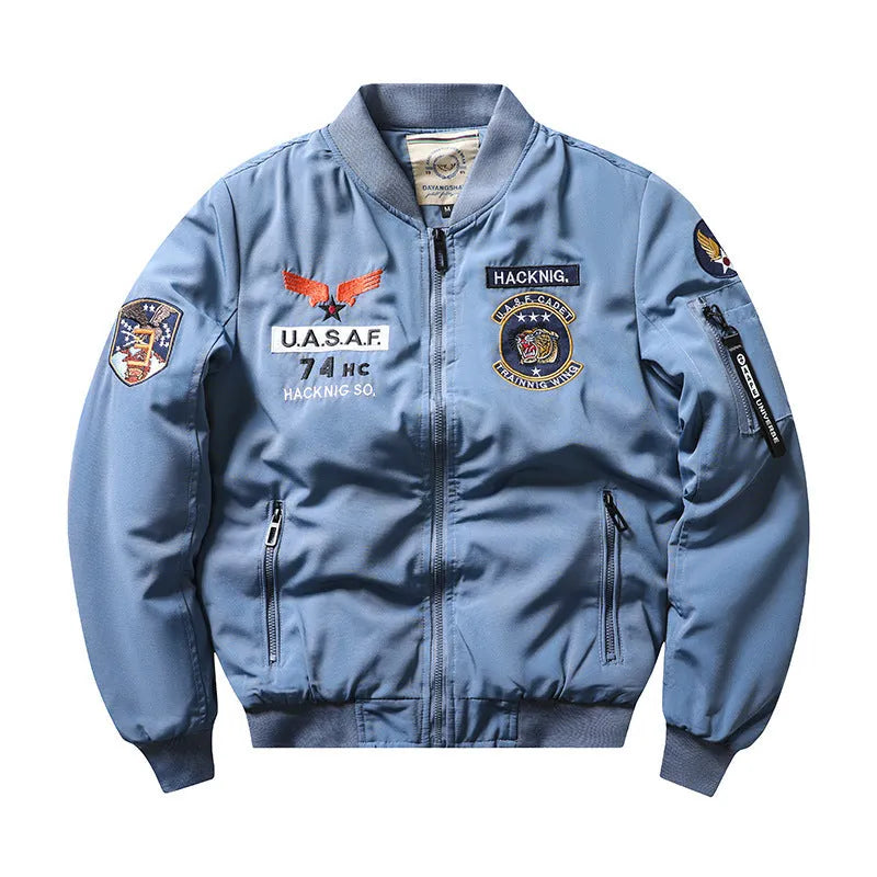Men's slim-fit Harley motorcycle embroidered cotton-padded coat in blue with stand collar and patch pockets