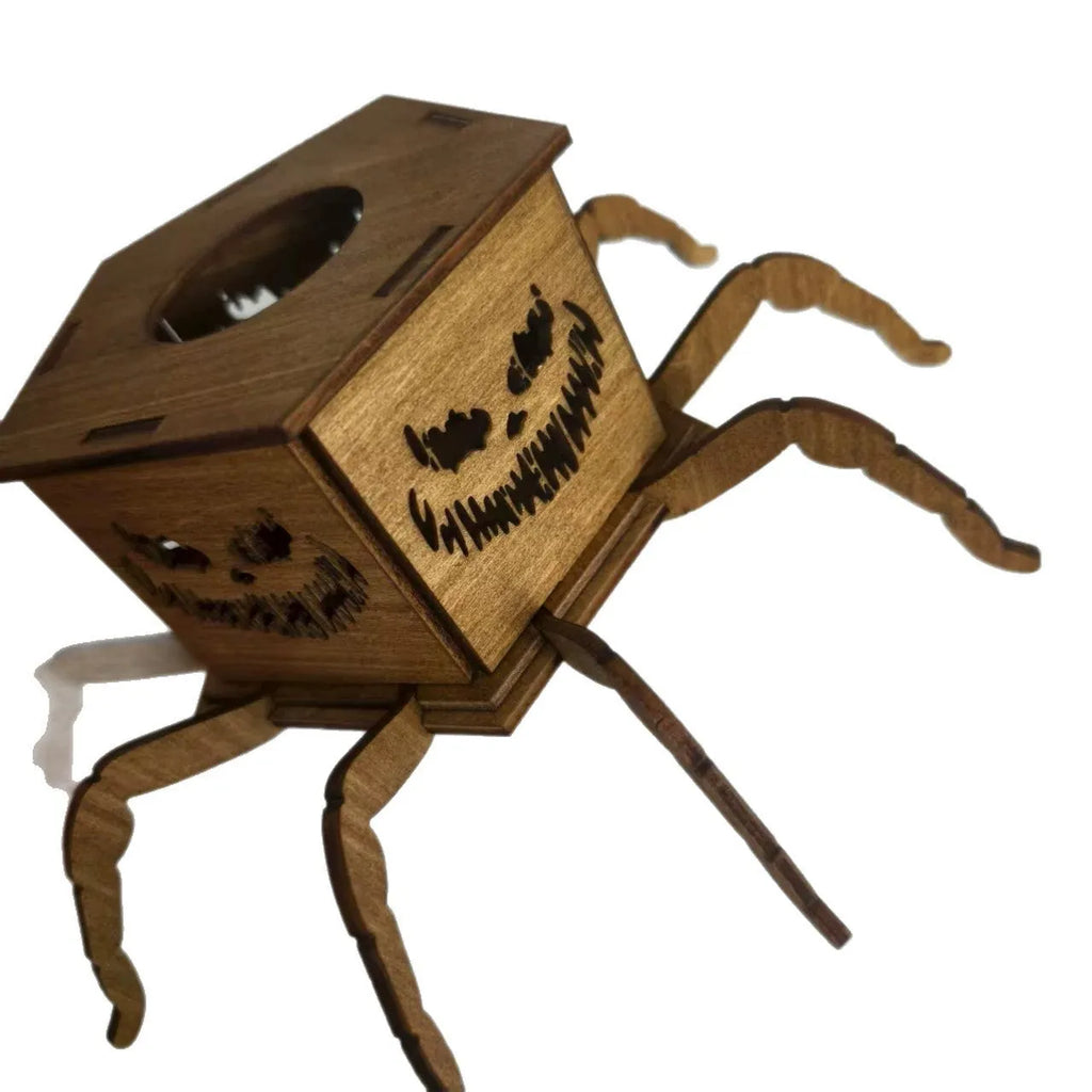 Wooden spider silhouette lantern candlestick Halloween decoration measuring 21cm by 8.5cm