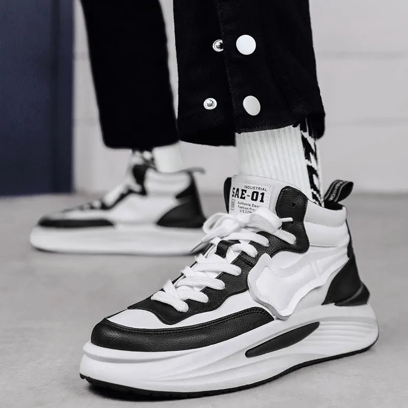 Men's black and white high-top platform board shoes with round toe and artificial PU material