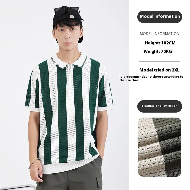 Man wearing a short sleeve striped viscose sweater with zipper details in sapphire blue