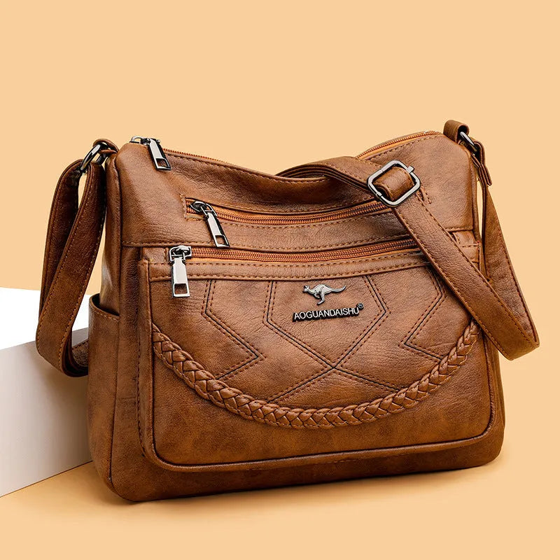 Soft leather women's crossbody shoulder bag in horizontal square shape with large capacity