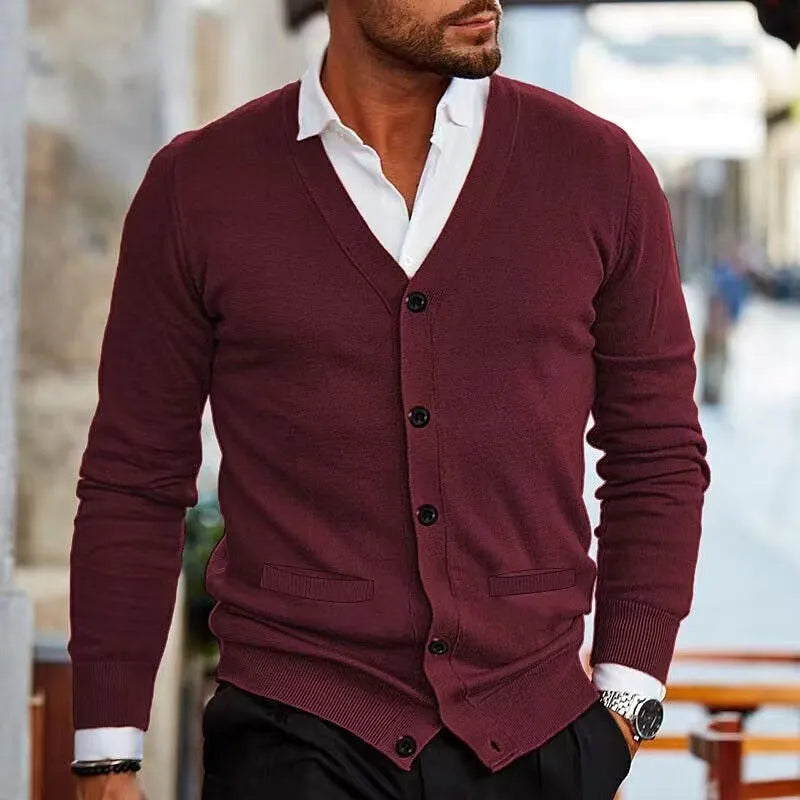 Men's slim fit acrylic cardigan sweater in dark grey, shown on a model.