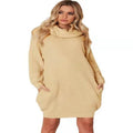 Women's apricot-coloured lapel collar loose sweater with side pockets, mid-length.