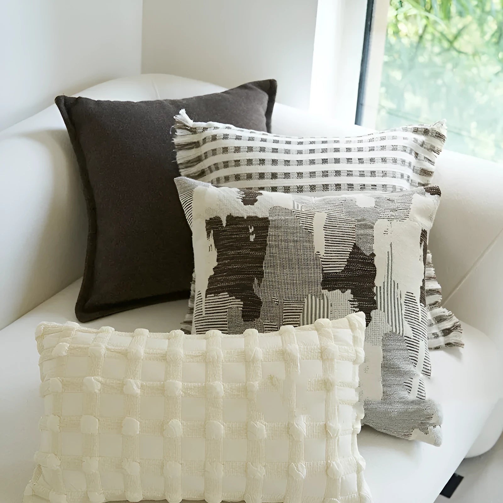 Coffee brown striped Chinese classical style sofa cushion on a living room sofa.