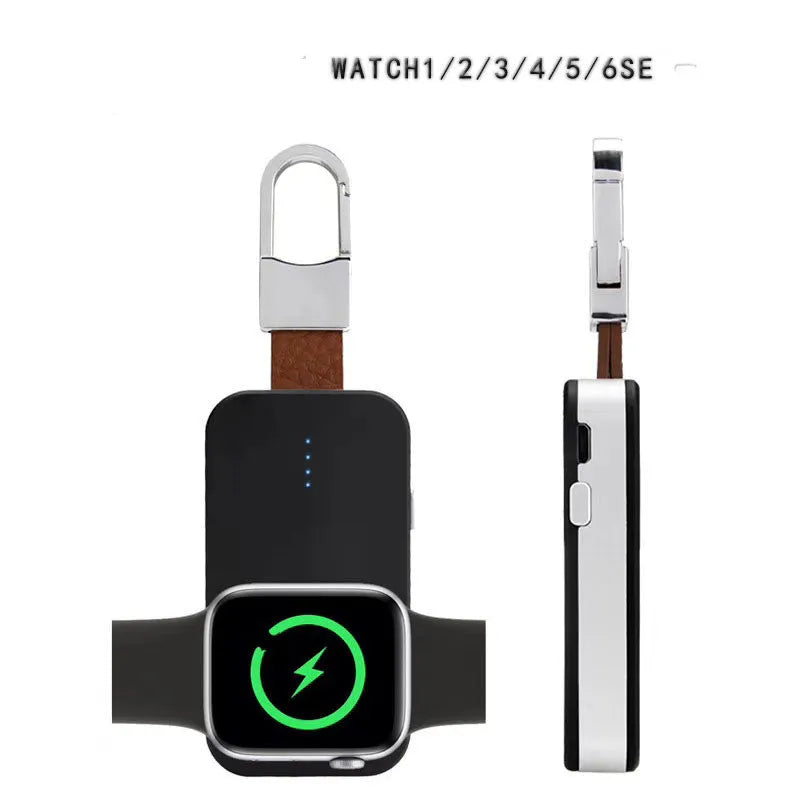 Black Apple Watch magnetic wireless charging power bank on a keyring, showing compact rectangular design.