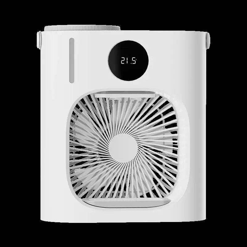 White USB refrigeration air conditioner fan with brushless motor and timing screen display on a desk
