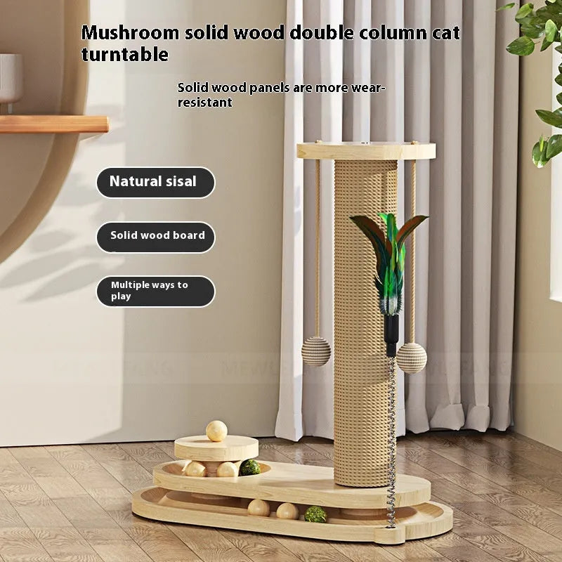 Solid wood cat scratching post with sisal rope base and central rotating turntable platform.