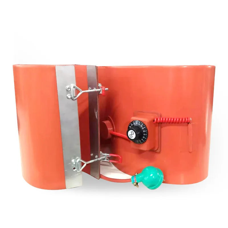 Silicone rubber heating belt wrapped around a 200-litre metal oil drum with digital control unit
