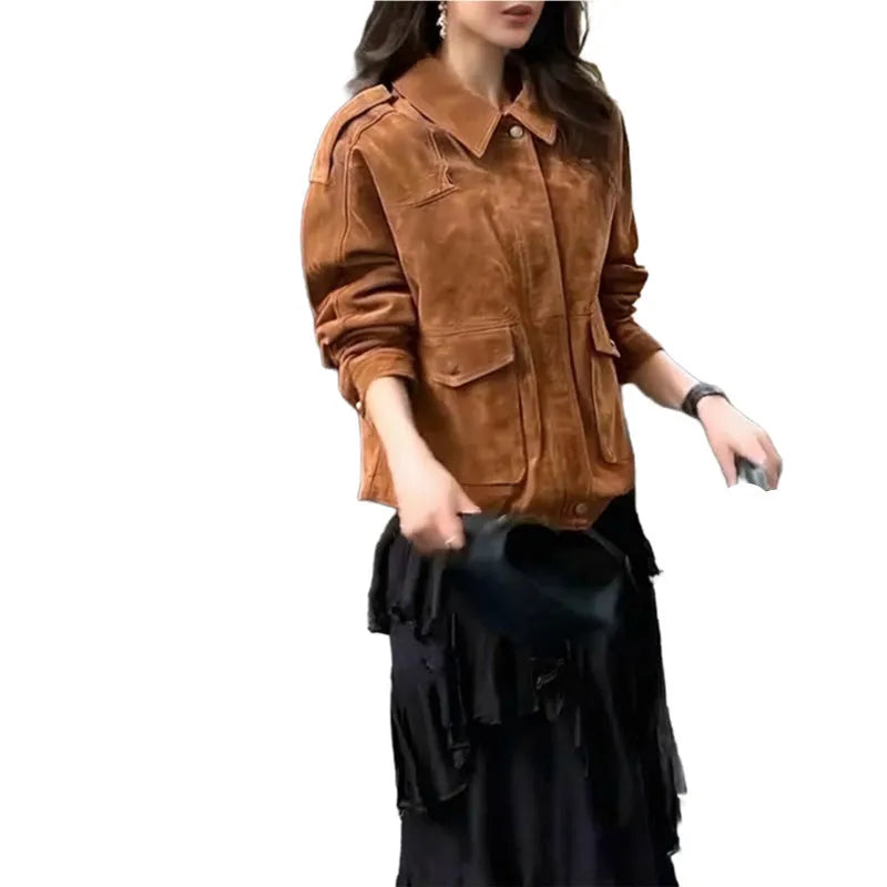 Women's brown polyester suede coat with regular sleeves street chic style