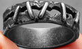 Dark stainless steel punk ring with double band and stitching decoration in gothic style