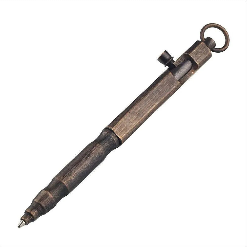 Brass hexagonal tactical pen in natural brass and retro black colours on a black gift box.