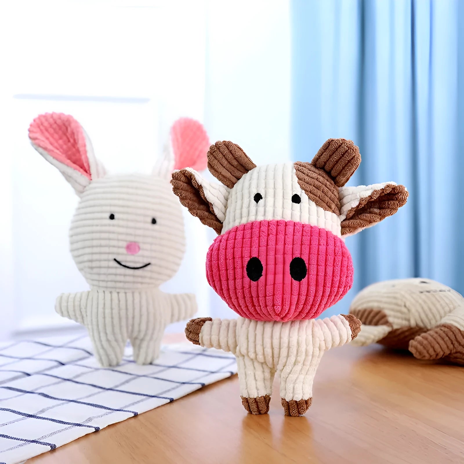 Animal shape plush squeaky dog chew toy with whistle construction in multiple colours