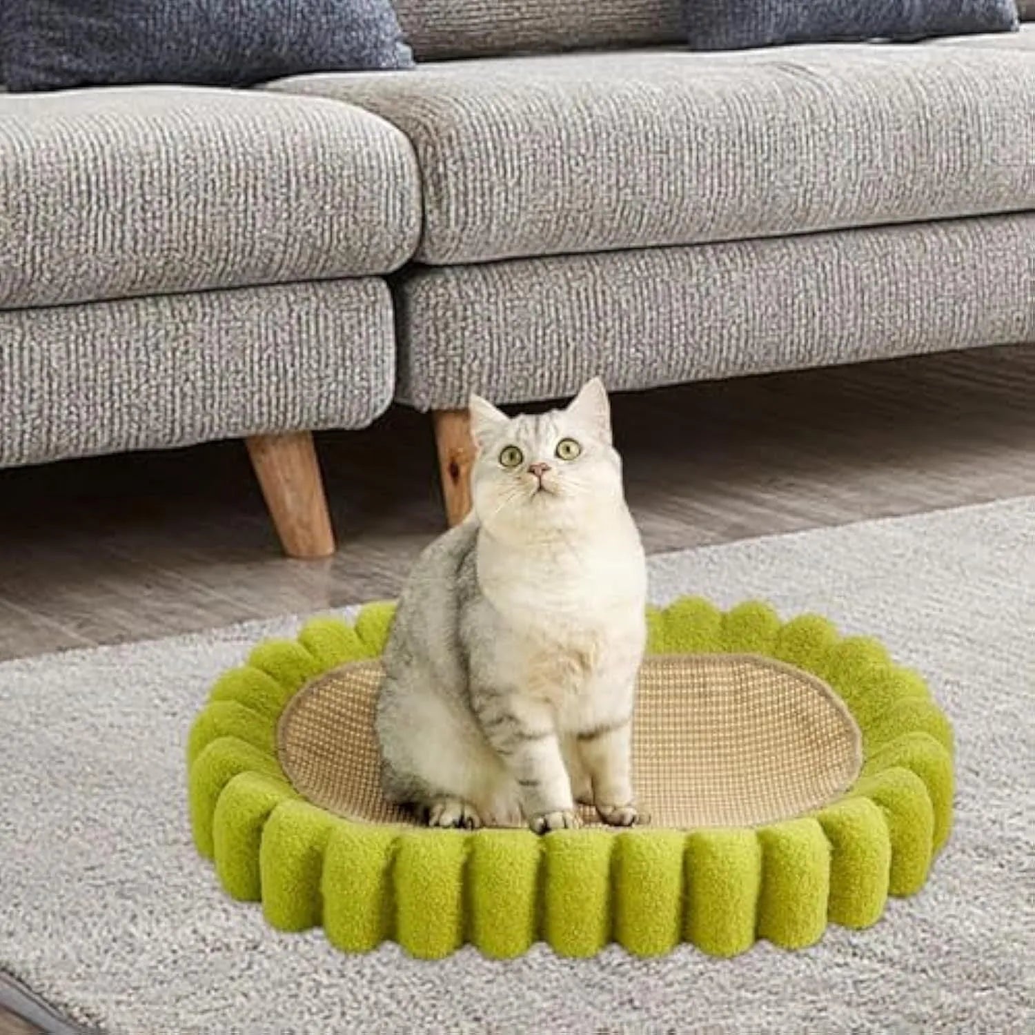 Green oval cat scratch pad bowl with sisal scratching surface serving as cat bed and furniture protector