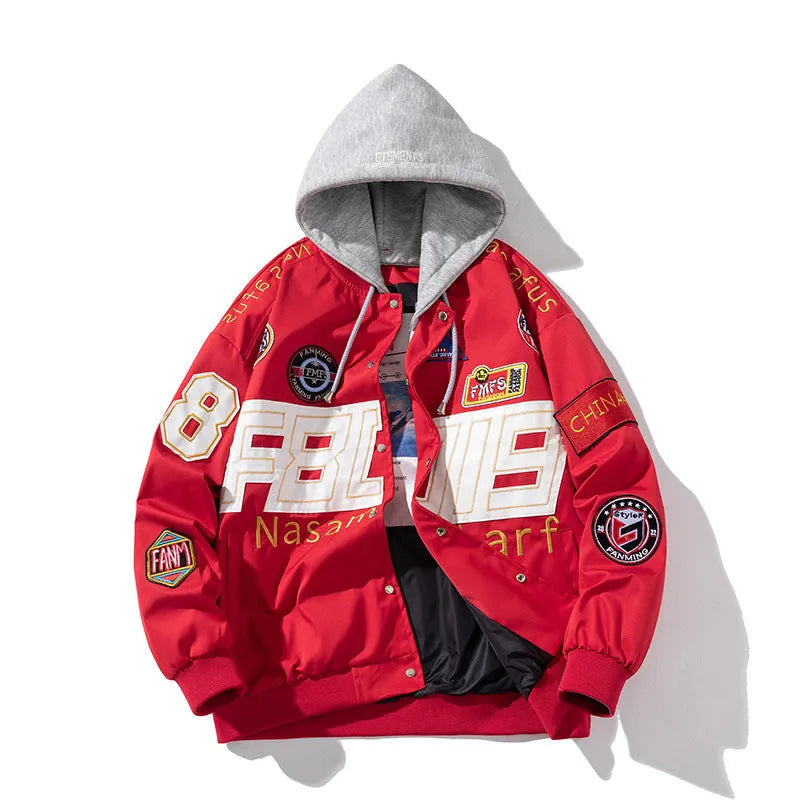 American motorcycle baseball uniform in black, blue, or red with removable hood and side pocket