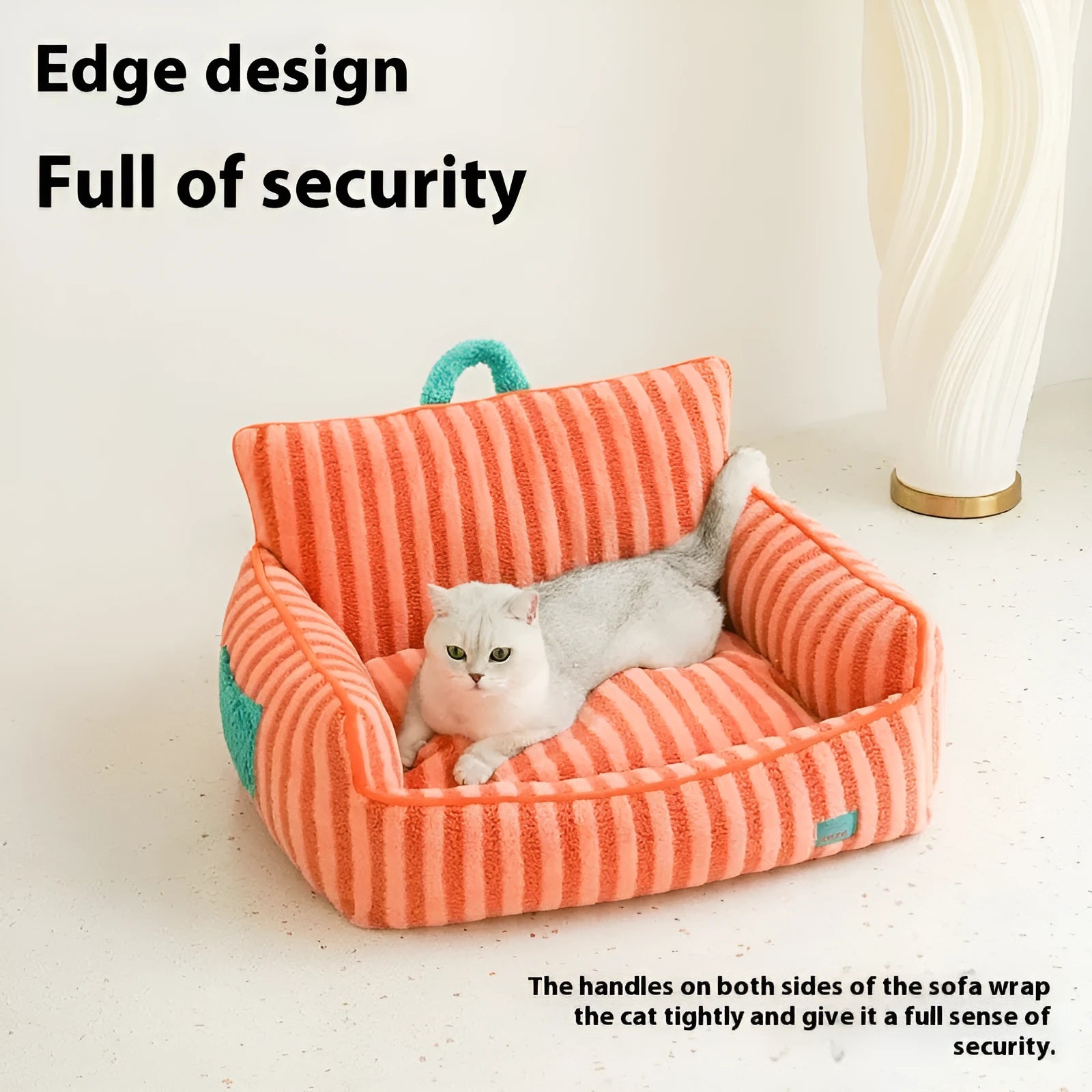 Striped orange soft velvet pet bed with a removable cover, shown as a structured pet house.
