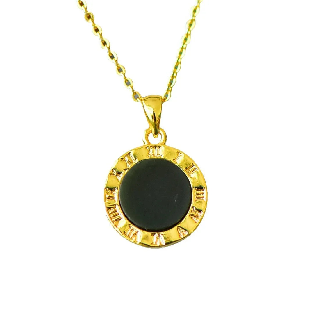 Flat Hetian jade pendant necklace with copper inlay and ink blue jade accents on a chain