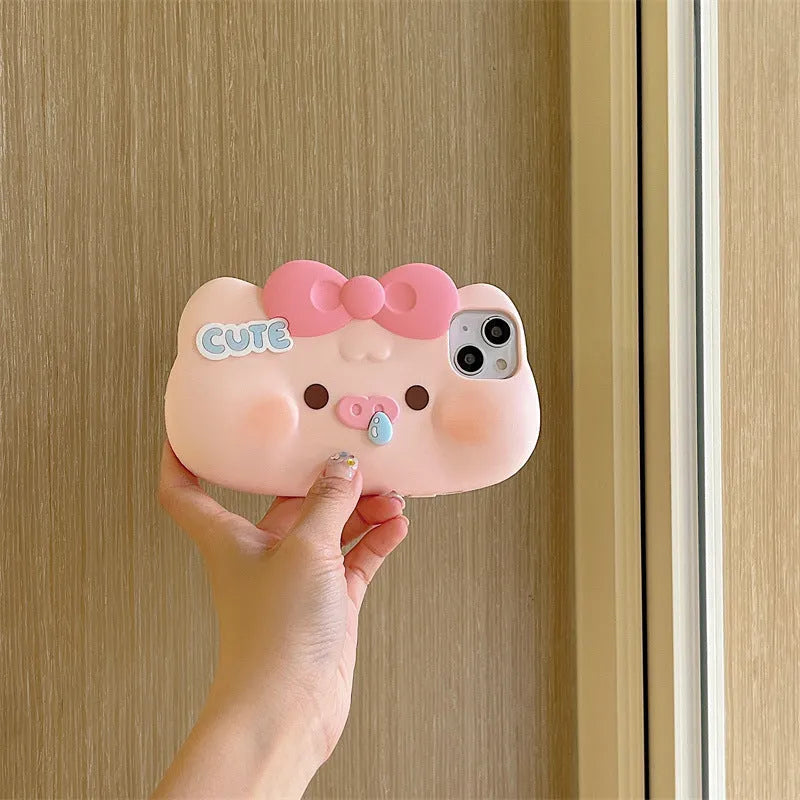 All-inclusive silicone snot pig phone case with embossed cartoon design for iPhone anti-fall protection