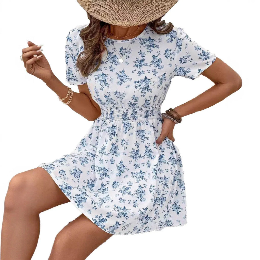 Light blue high waist A-line dress with regular sleeves in Japanese Korean casual style