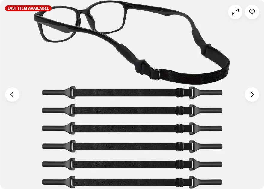 Black adjustable glasses retention cord with silicone temple hooks and fibre rope, shown in adult and children's sizes.