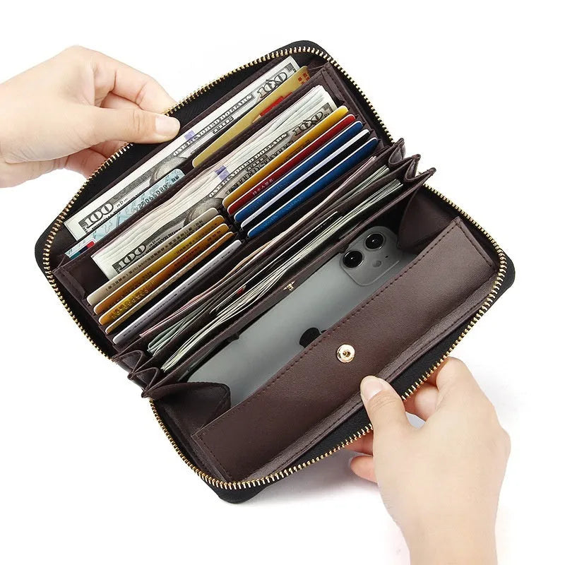 Genuine leather women's long bifold wallet in six colour options showing card slots and anti-theft feature