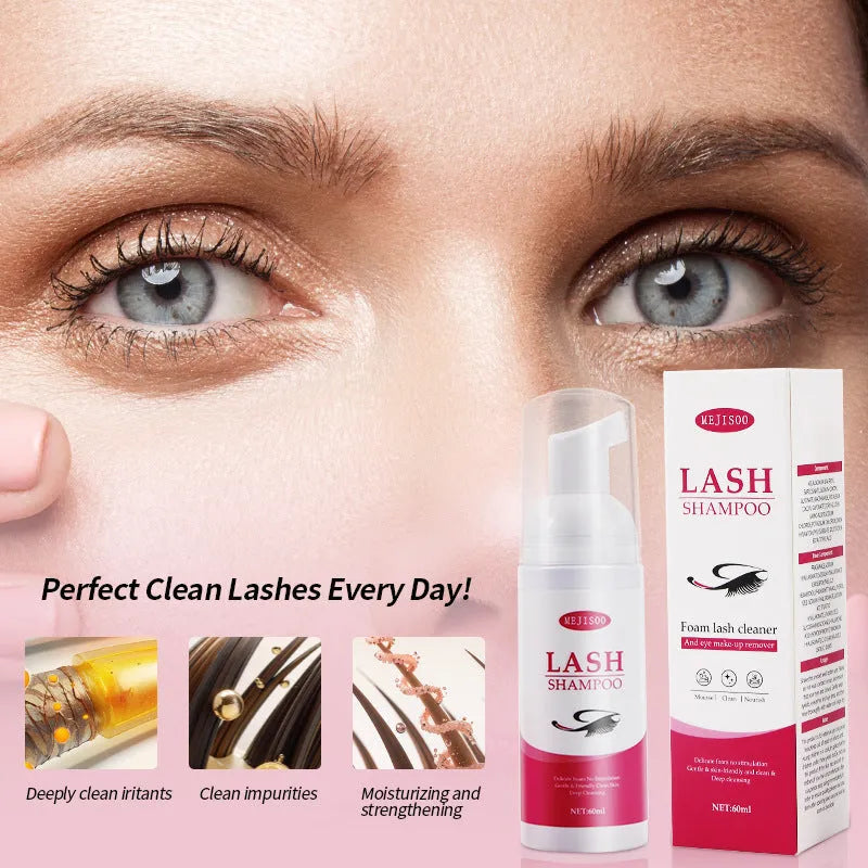 60ml bottle of lash shampoo mousse eyelash cleaning solution for removing extensions.