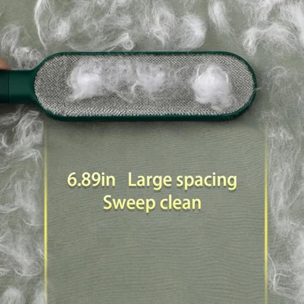 Blue, green, and white pet hair remover brush with double-sided head and storage base.