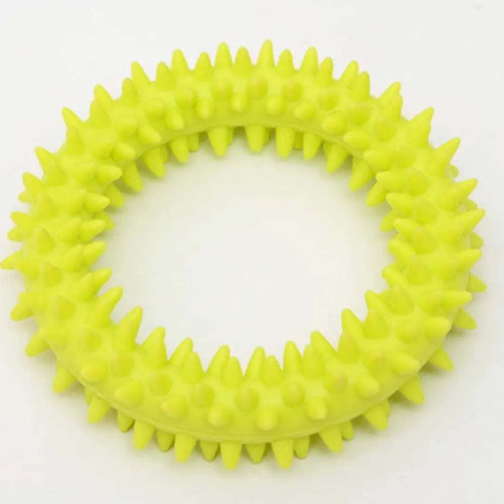Blue spiky circle ring dog chew toy made of TPR on a white background.