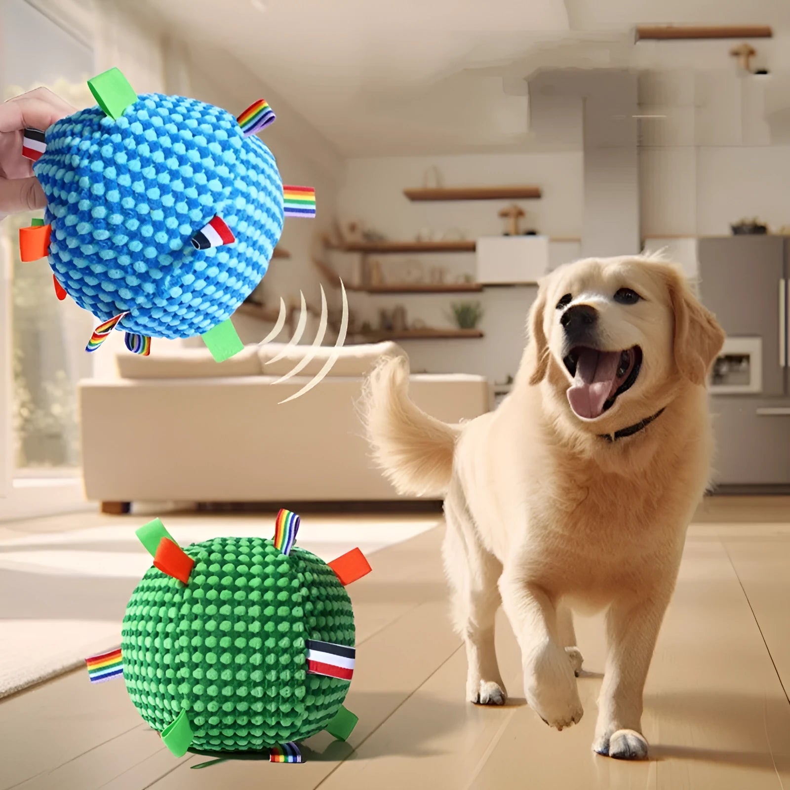 Blue, green, yellow and purple pineapple lattice dog ball measuring 17cm diameter