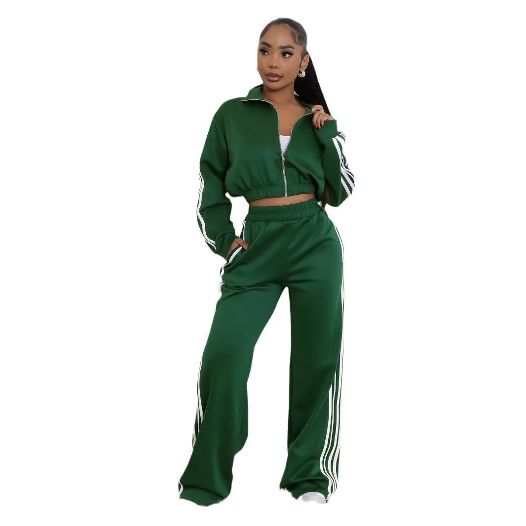 Women's polyester two-piece sweater set in street hipster style with striped pattern