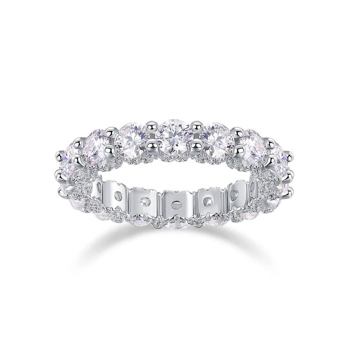 Ferris Wheel moissanite ring set in S925 silver with platinum plating on a white background