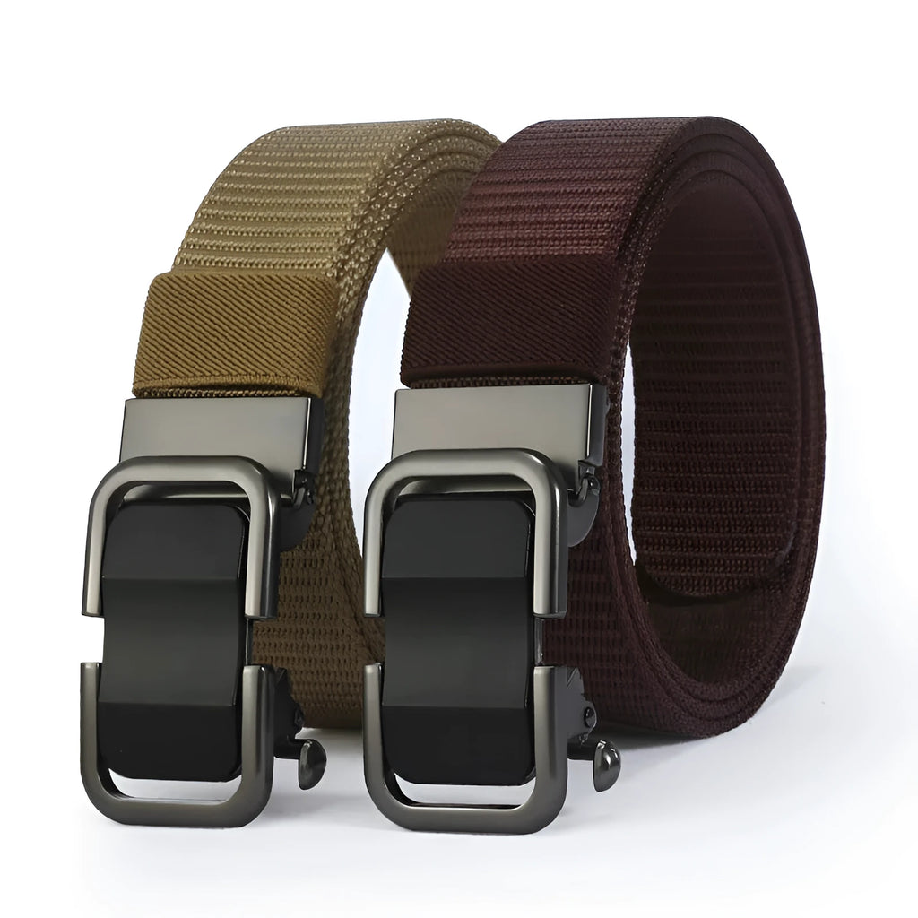 Men's nylon canvas belt with toothless alloy buckle in various colour combinations including Army Green, black and blue options