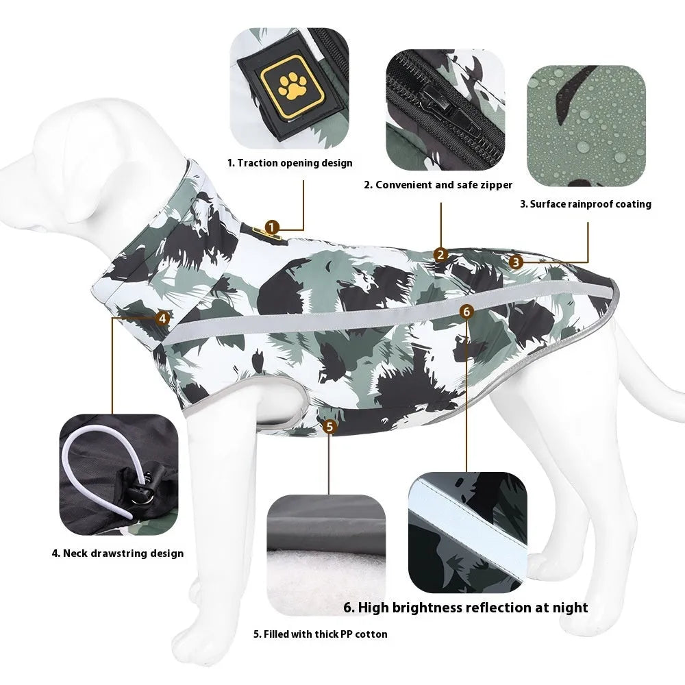 Thick reflective hardshell dog jacket in geometric pattern with European American styling