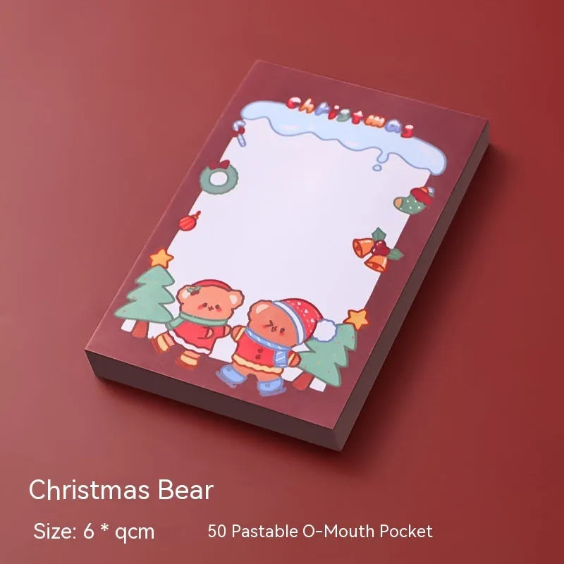 A5 Christmas sticky notes featuring eight designs including bear, elf, gift, and Santa Claus
