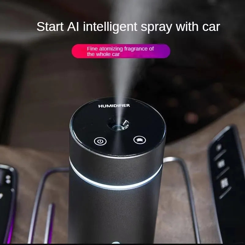 Black aluminium car air humidifier and essential oil diffuser with USB cable