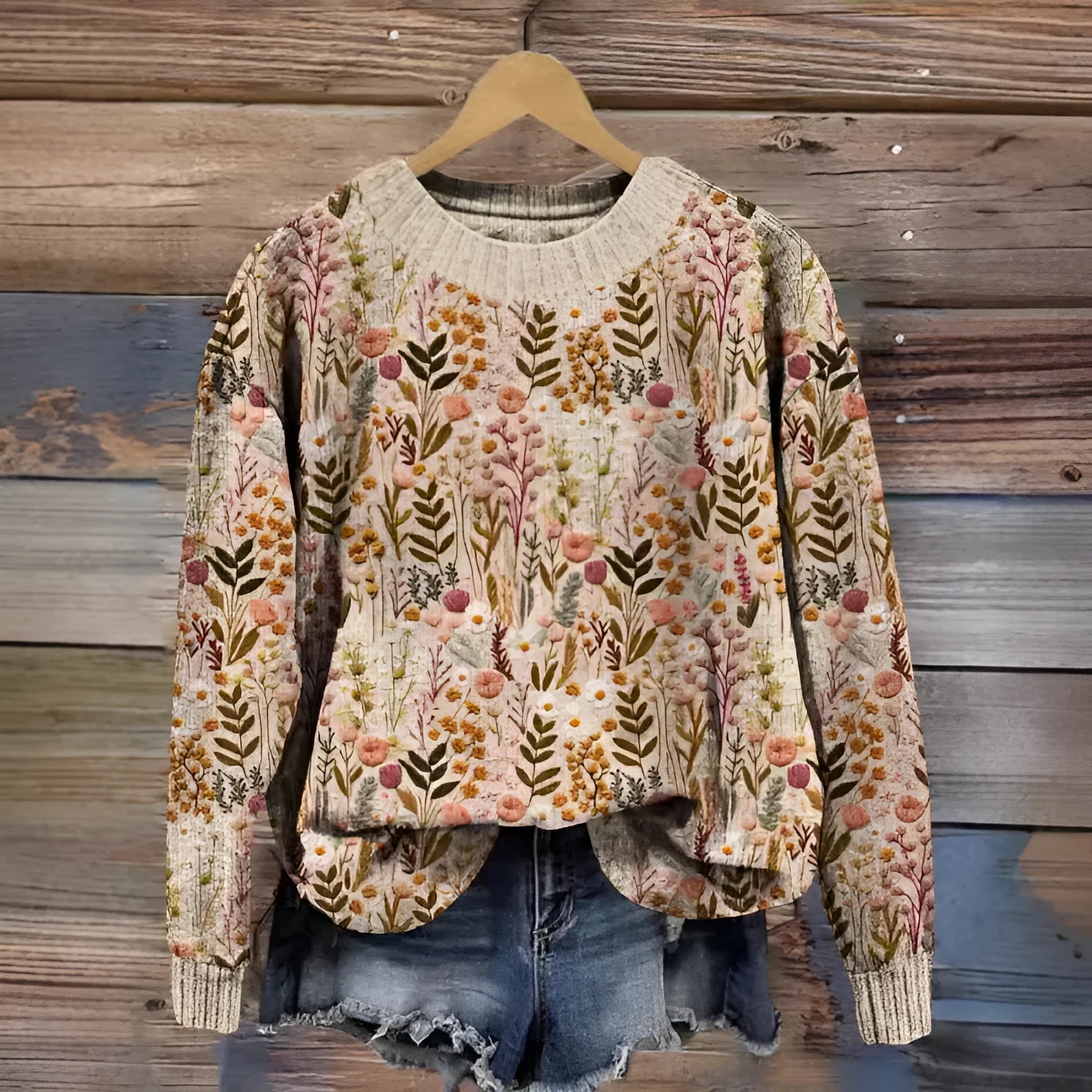 Women's round neck sweater with a digital floral print in a polyester fabric.