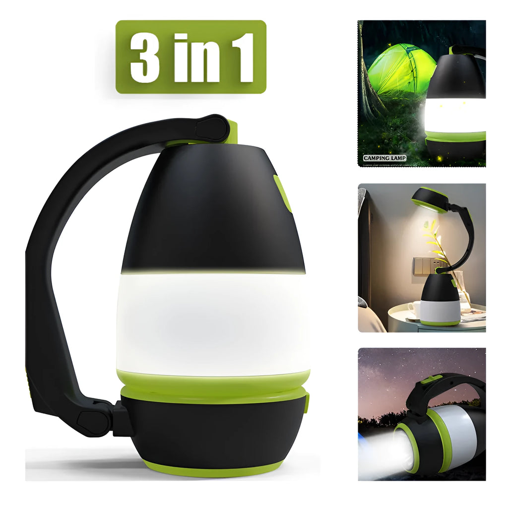 Black Green multifunctional LED camping lamp with USB port, shown in folded position.
