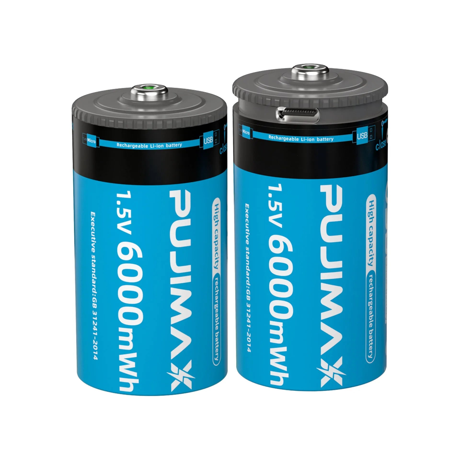 Rechargeable lithium C-type battery 6000mWh 1.5V with USB Type-C port on black background